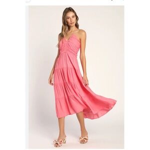 Lulus Pink Tiered Midi Dress Halter Keyhole Ruched Summer Party D3187N Medium